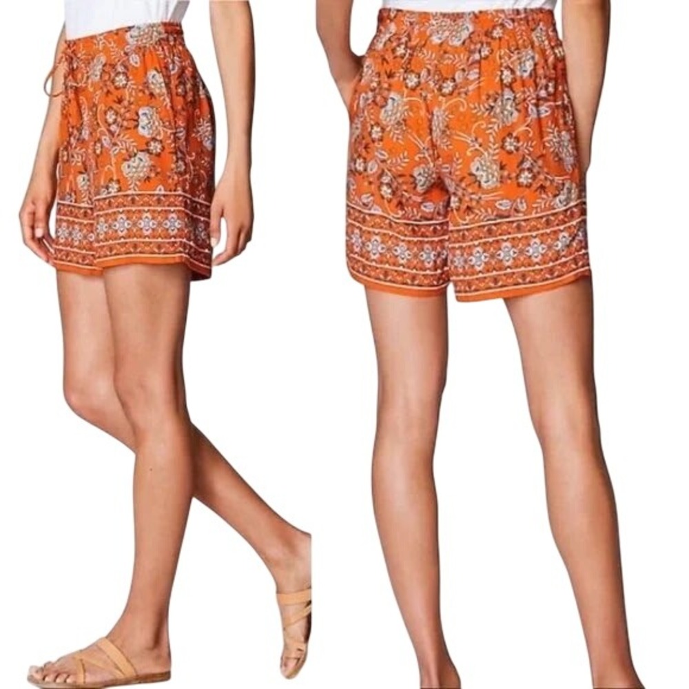 J.Jill Floral Paisley Print Boho Shorts Orange Womens Medium Tassel Drawstring